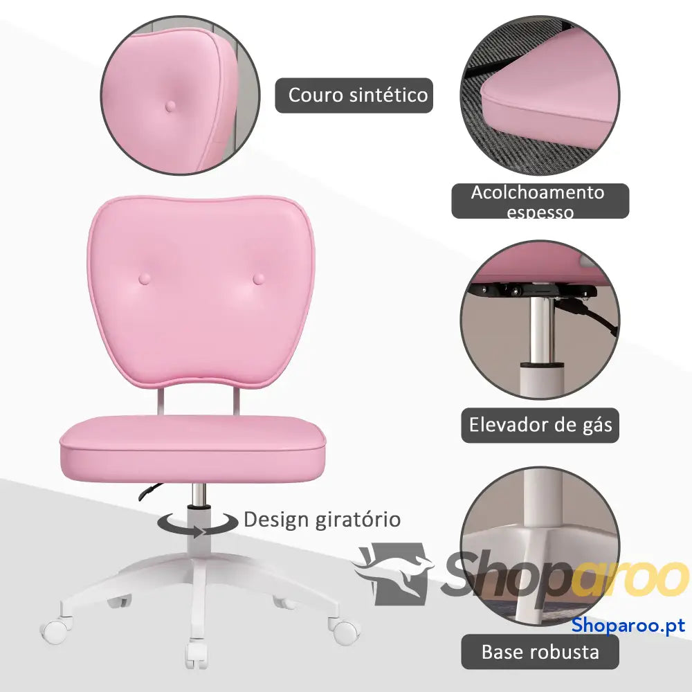 Cadeira de Escritório Estofada em PU com Altura Ajustável Sem Braços Estudo Dormitório 46x59x82-92 cm Rosa