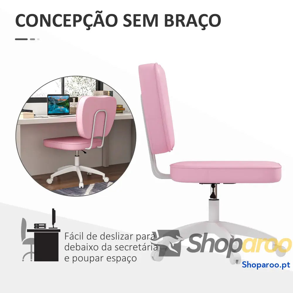 Cadeira de Escritório Estofada em PU com Altura Ajustável Sem Braços Estudo Dormitório 46x59x82-92 cm Rosa