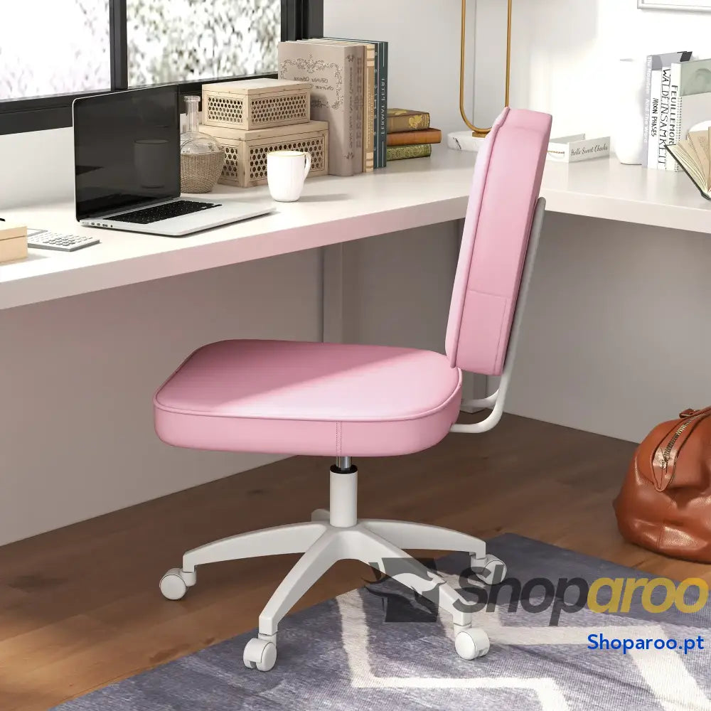 Cadeira de Escritório Estofada em PU com Altura Ajustável Sem Braços Estudo Dormitório 46x59x82-92 cm Rosa