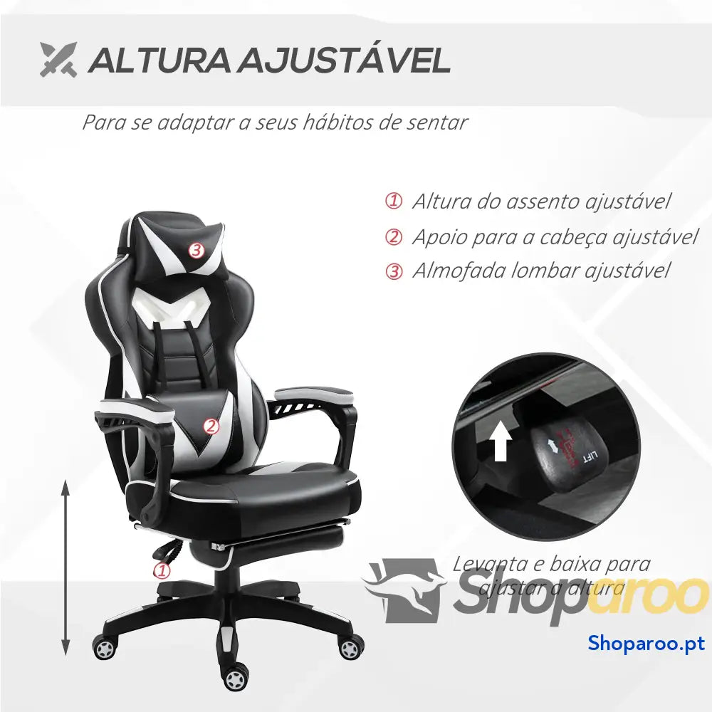 Cadeira de escritorio gaming ergonômica Altura ajustável Reclinável Encosto com apoio para pés 65x70x118,5-126,5 cm