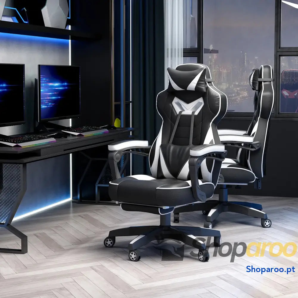 Cadeira de escritorio gaming ergonômica Altura ajustável Reclinável Encosto com apoio para pés 65x70x118,5-126,5 cm Branco e Preto