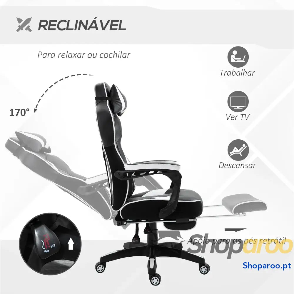 Cadeira de escritorio gaming ergonômica Altura ajustável Reclinável Encosto com apoio para pés 65x70x118,5-126,5 cm