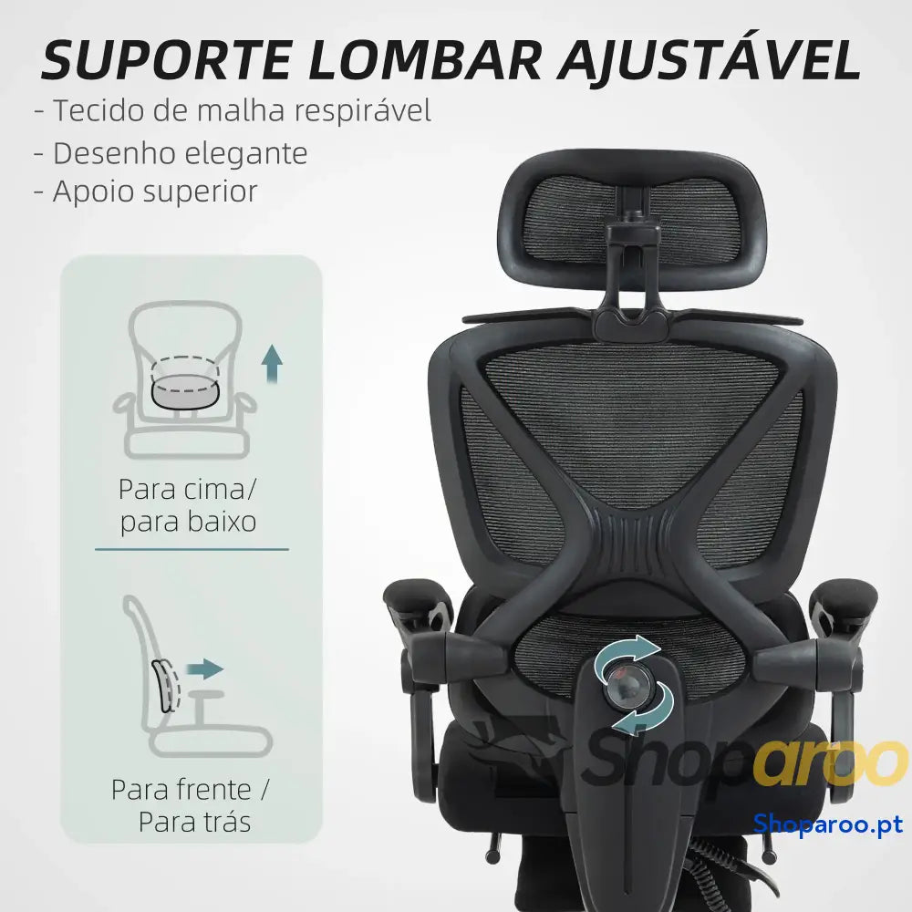 Cadeira de Escritório Malha com Apoio para a Cabeça Suporte Lombar os Pés Função Inclinação 71x70x109-119 cm Preto