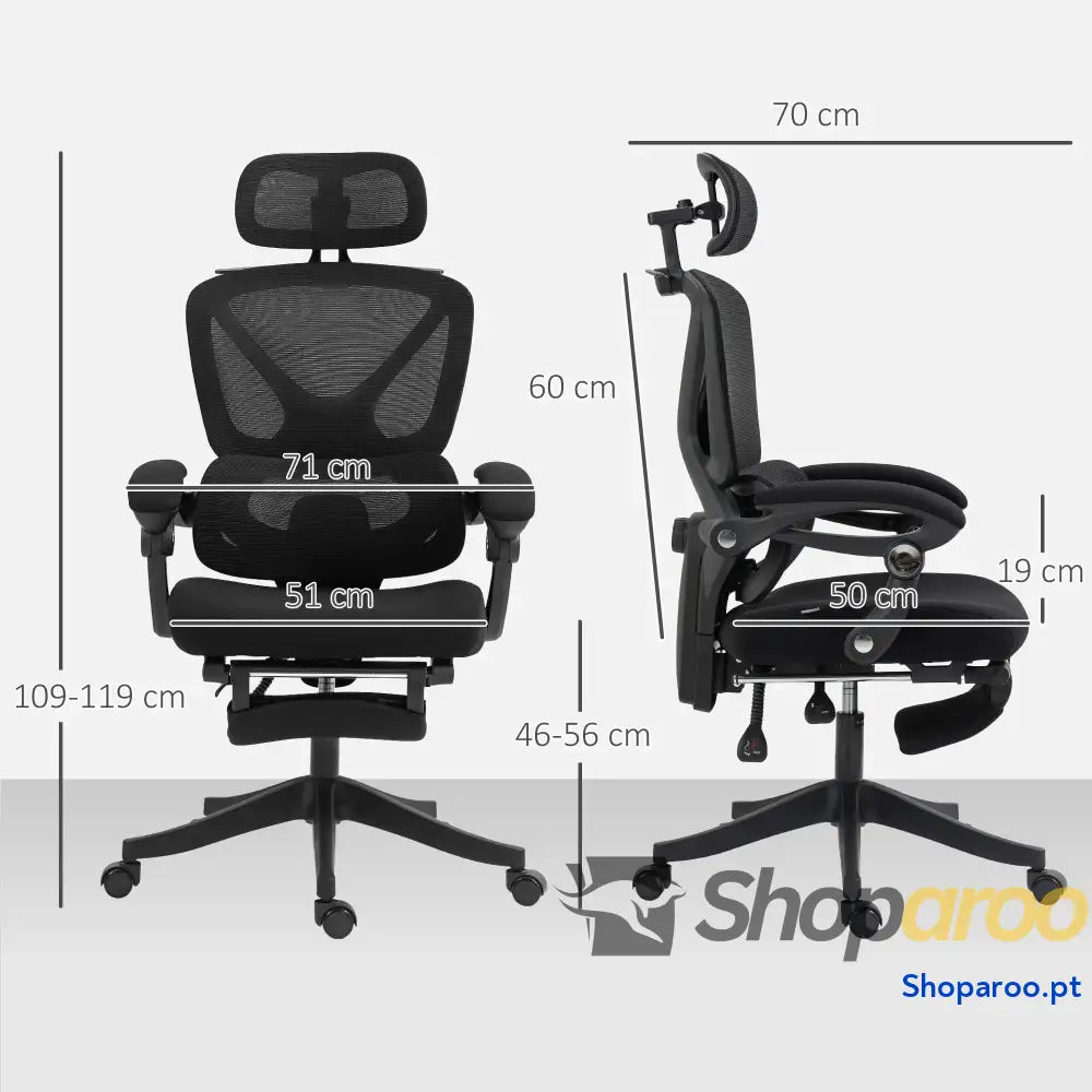 Cadeira de Escritório Malha com Apoio para a Cabeça Suporte Lombar os Pés Função Inclinação 71x70x109-119 cm Preto