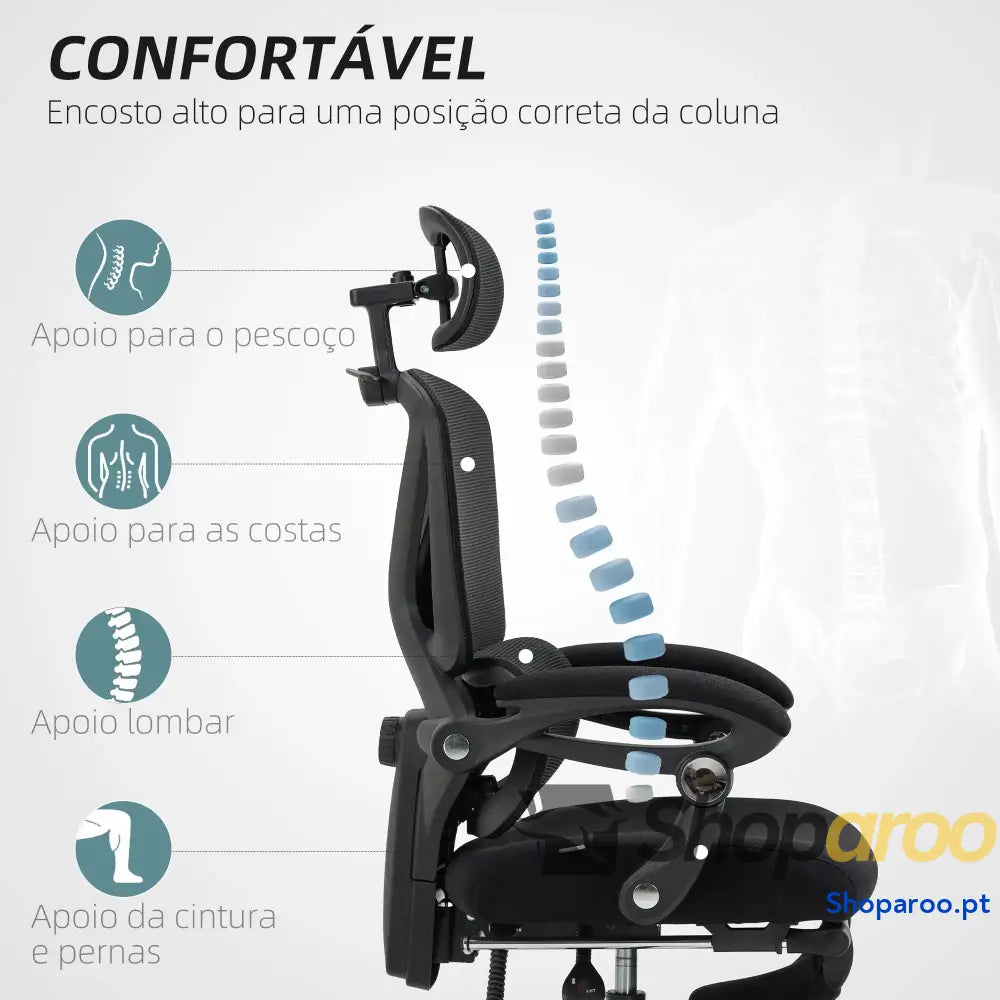 Cadeira de Escritório Malha com Apoio para a Cabeça Suporte Lombar os Pés Função Inclinação 71x70x109-119 cm Preto