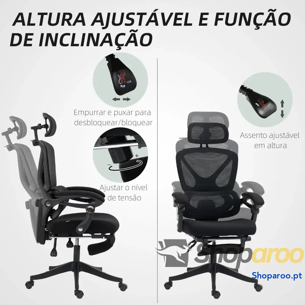 Cadeira de Escritório Malha com Apoio para a Cabeça Suporte Lombar os Pés Função Inclinação 71x70x109-119 cm Preto