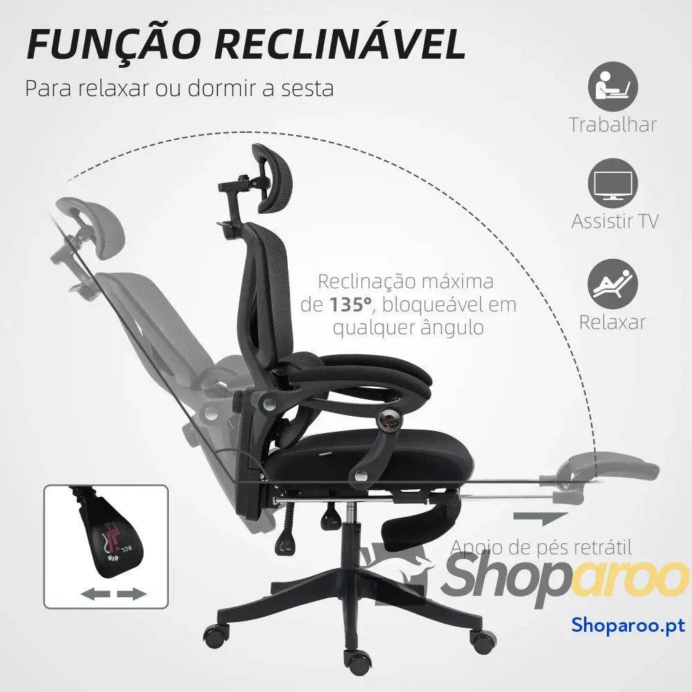 Cadeira de Escritório Malha com Apoio para a Cabeça Suporte Lombar os Pés Função Inclinação 71x70x109-119 cm Preto