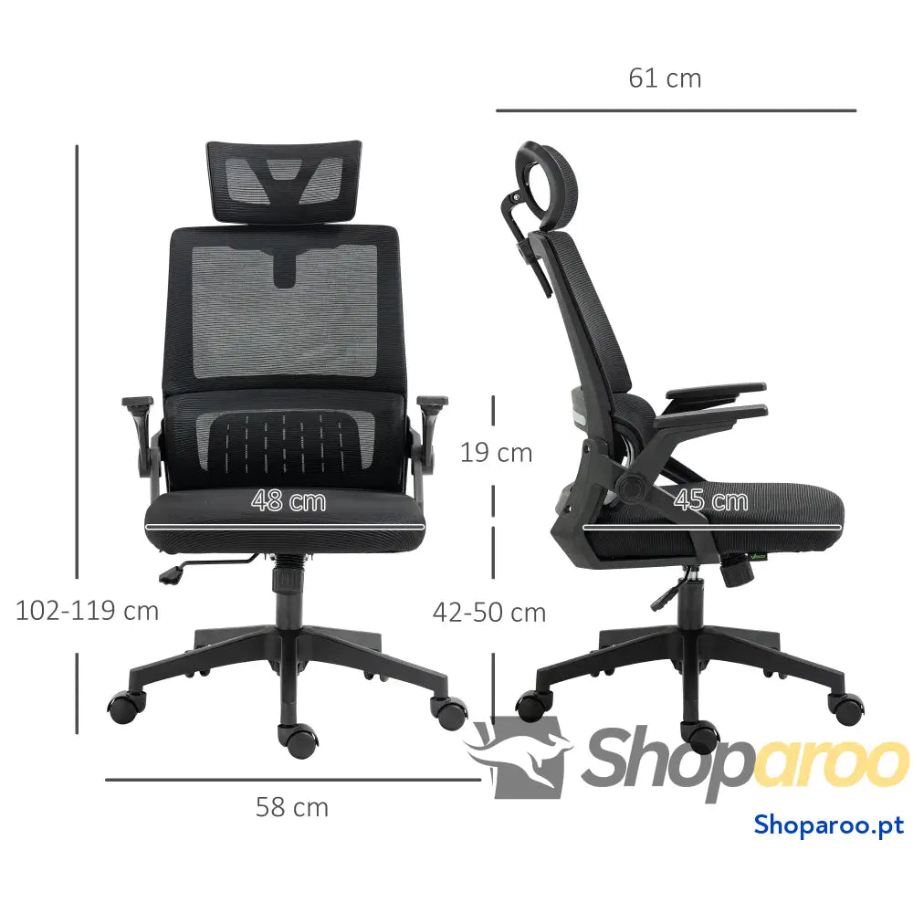 Cadeira de Escritório Malha Giratória com Altura e Apoio para a Cabeça Ajustáveis 58x61x102-119 cm Preto