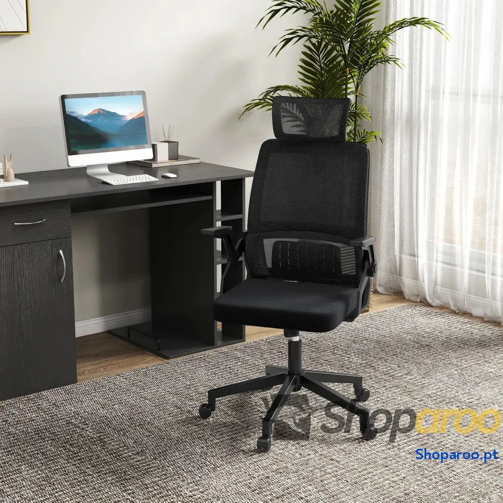 Cadeira de Escritório Malha Giratória com Altura e Apoio para a Cabeça Ajustáveis 58x61x102-119 cm Preto
