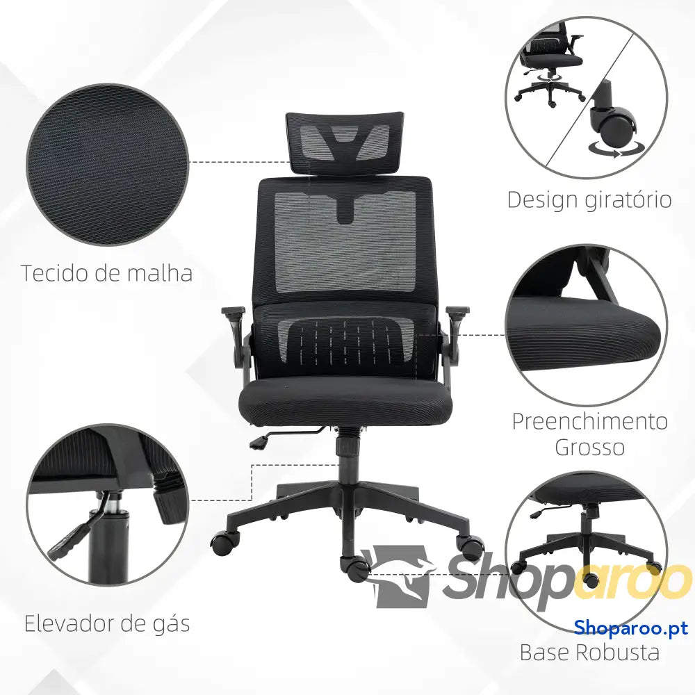 Cadeira de Escritório Malha Giratória com Altura e Apoio para a Cabeça Ajustáveis 58x61x102-119 cm Preto