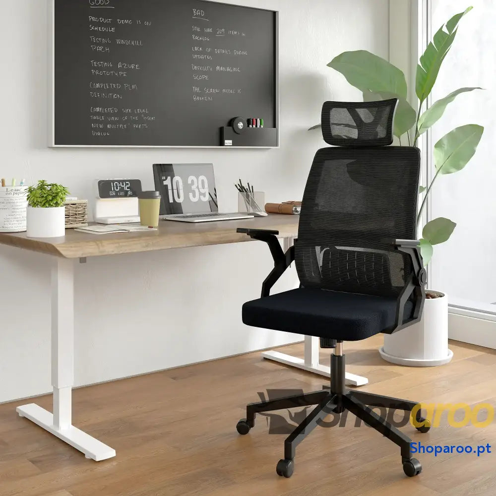 Cadeira de Escritório Malha Giratória com Altura e Apoio para a Cabeça Ajustáveis 58x61x102-119 cm Preto
