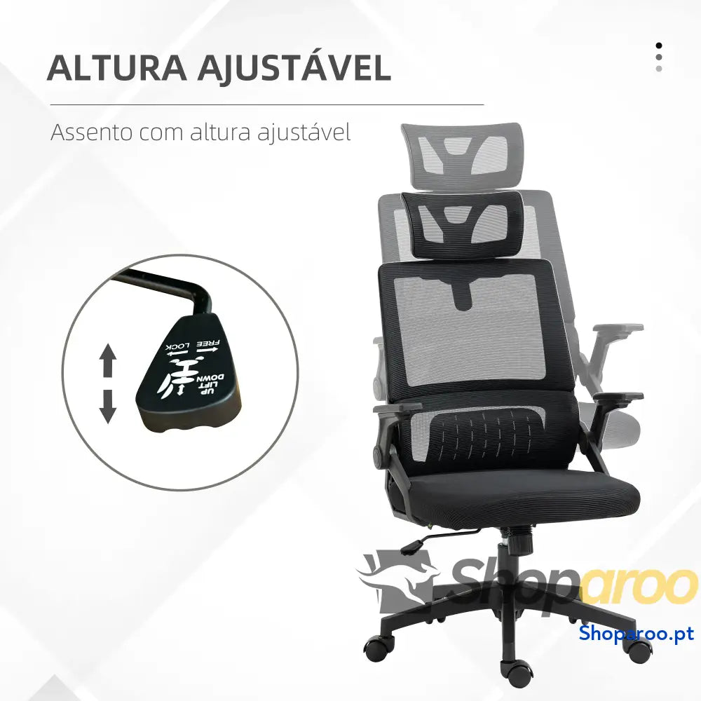 Cadeira de Escritório Malha Giratória com Altura e Apoio para a Cabeça Ajustáveis 58x61x102-119 cm Preto