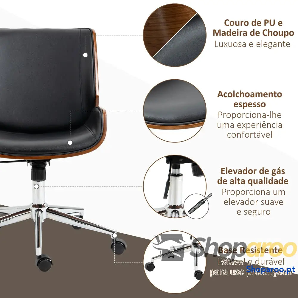 Cadeira de Escritório Operativa Giratória em PU com Altura Ajustável Função Inclinação 51x65,5x82-92cm Preto