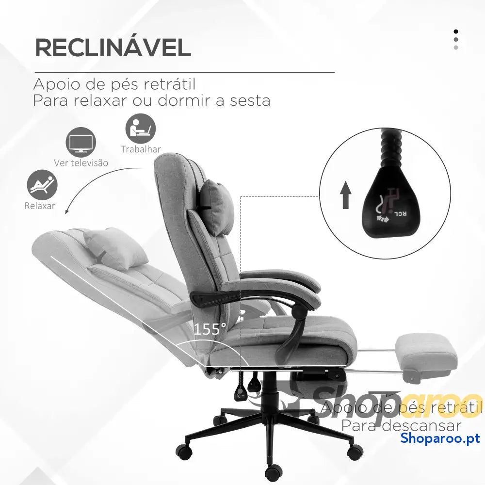 Cadeira de Escritório Reclinável Estofada em Tecido com Altura Ajustável e Apoio para os Pés 66x76x116-124 cm Cinza