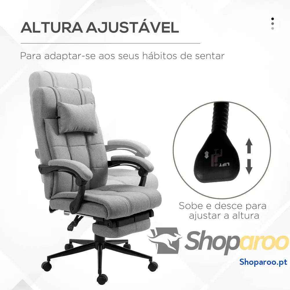 Cadeira de Escritório Reclinável Estofada em Tecido com Altura Ajustável e Apoio para os Pés 66x76x116-124 cm Cinza