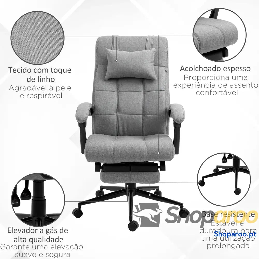 Cadeira de Escritório Reclinável Estofada em Tecido com Altura Ajustável e Apoio para os Pés 66x76x116-124 cm Cinza