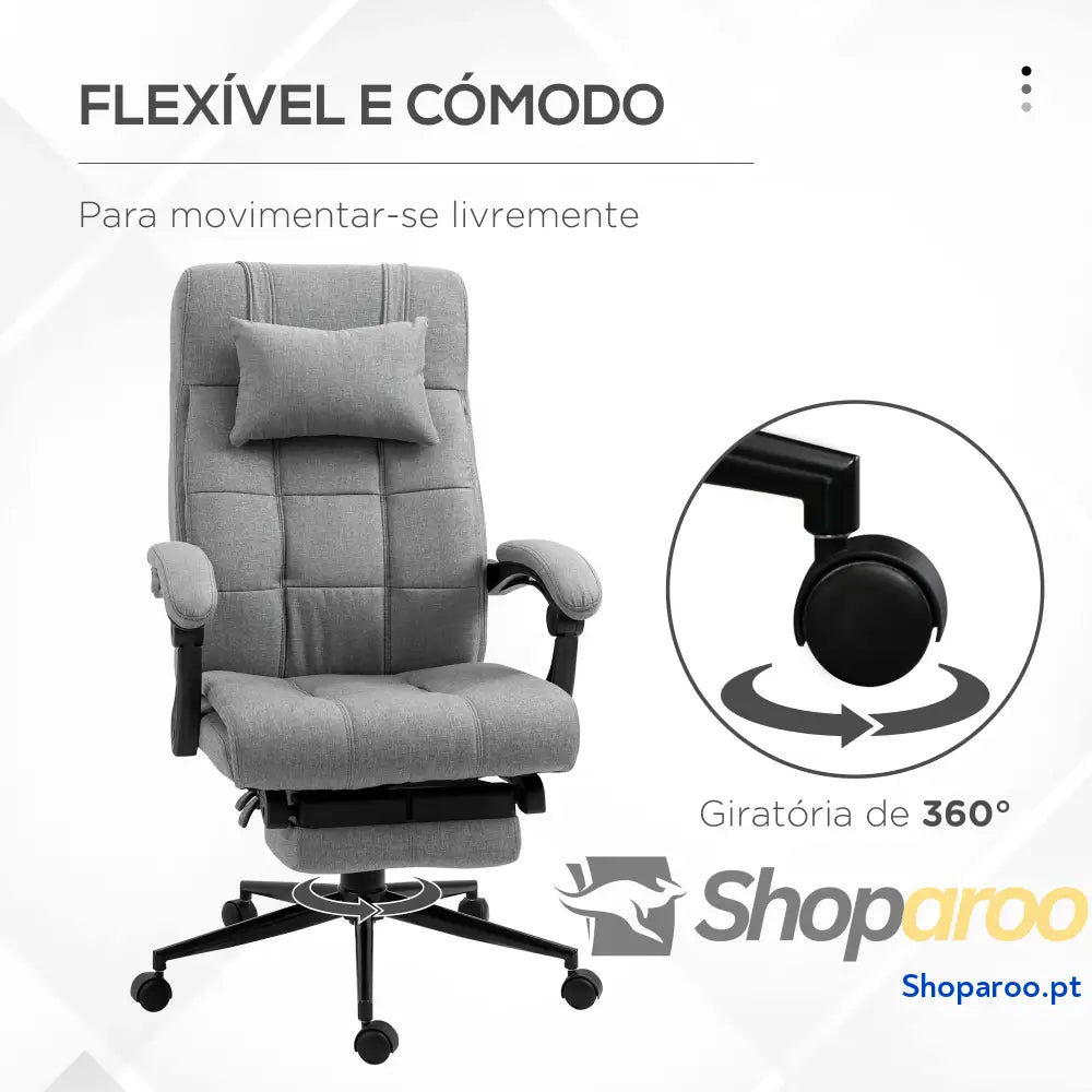 Cadeira de Escritório Reclinável Estofada em Tecido com Altura Ajustável e Apoio para os Pés 66x76x116-124 cm Cinza