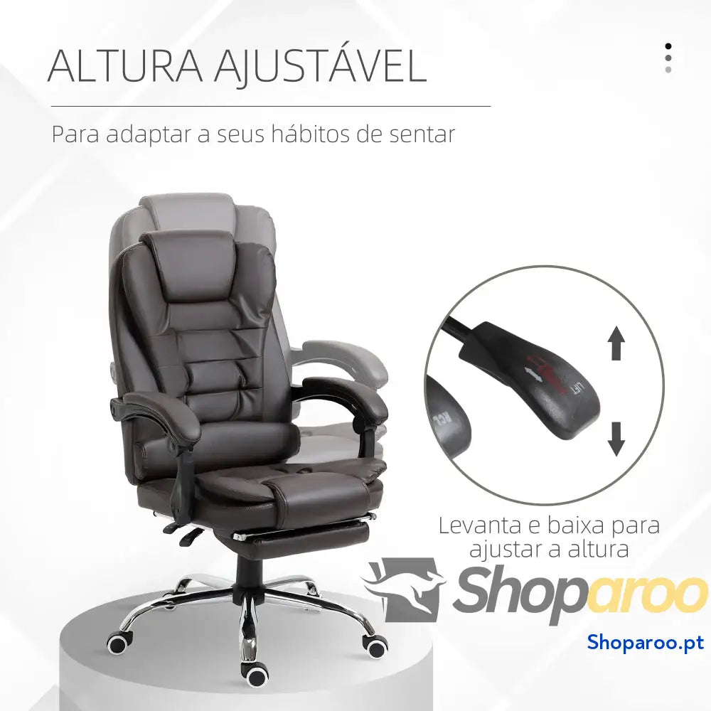 Cadeira de Escritório Reclinável Executiva Giratória com Altura Ajustável Estofada em PU 64,5x69x109-117 cm castanha