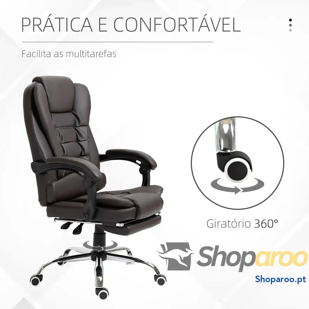 Cadeira de Escritório Reclinável Executiva Giratória com Altura Ajustável Estofada em PU 64,5x69x109-117 cm castanha