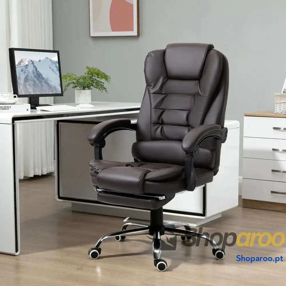 Cadeira de Escritório Reclinável Executiva Giratória com Altura Ajustável Estofada em PU 64,5x69x109-117 cm castanha