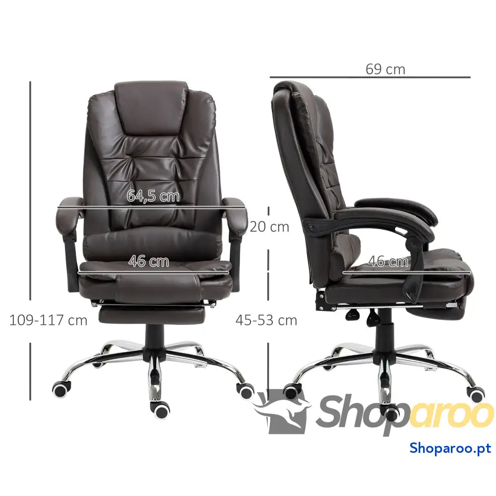 Cadeira de Escritório Reclinável Executiva Giratória com Altura Ajustável Estofada em PU 64,5x69x109-117 cm castanha