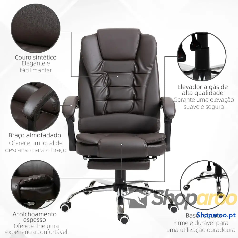 Cadeira de Escritório Reclinável Executiva Giratória com Altura Ajustável Estofada em PU 64,5x69x109-117 cm castanha