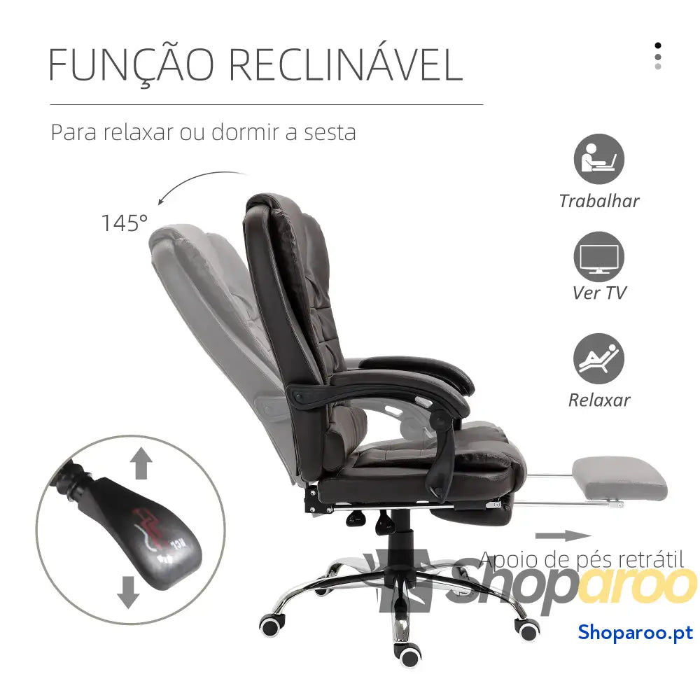 Cadeira de Escritório Reclinável Executiva Giratória com Altura Ajustável Estofada em PU 64,5x69x109-117 cm castanha