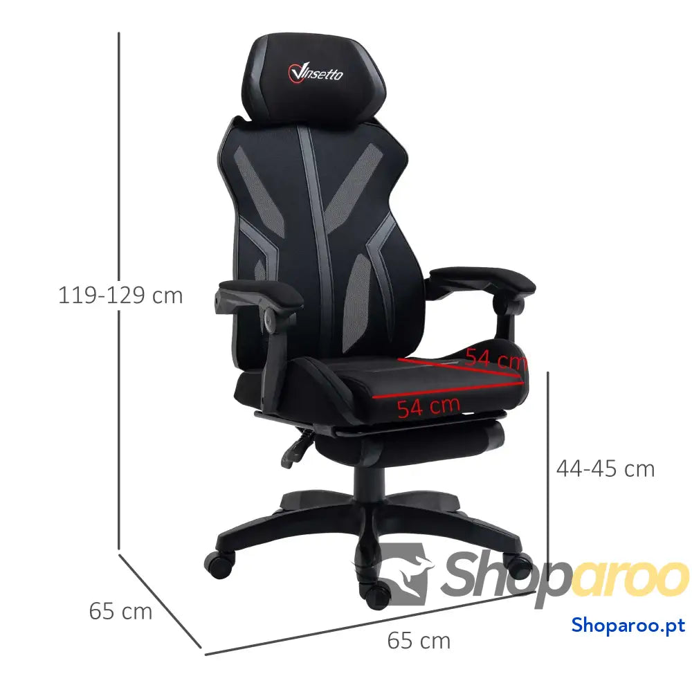 Cadeira de Gaming com Apoio para os Pés Retrátil Escritório Reclinável a Cabeça e Altura Ajustável 65x65x119-129cm Preto