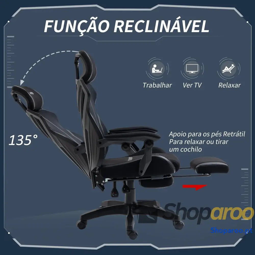 Cadeira de Gaming com Apoio para os Pés Retrátil Escritório Reclinável a Cabeça e Altura Ajustável 65x65x119-129cm Preto