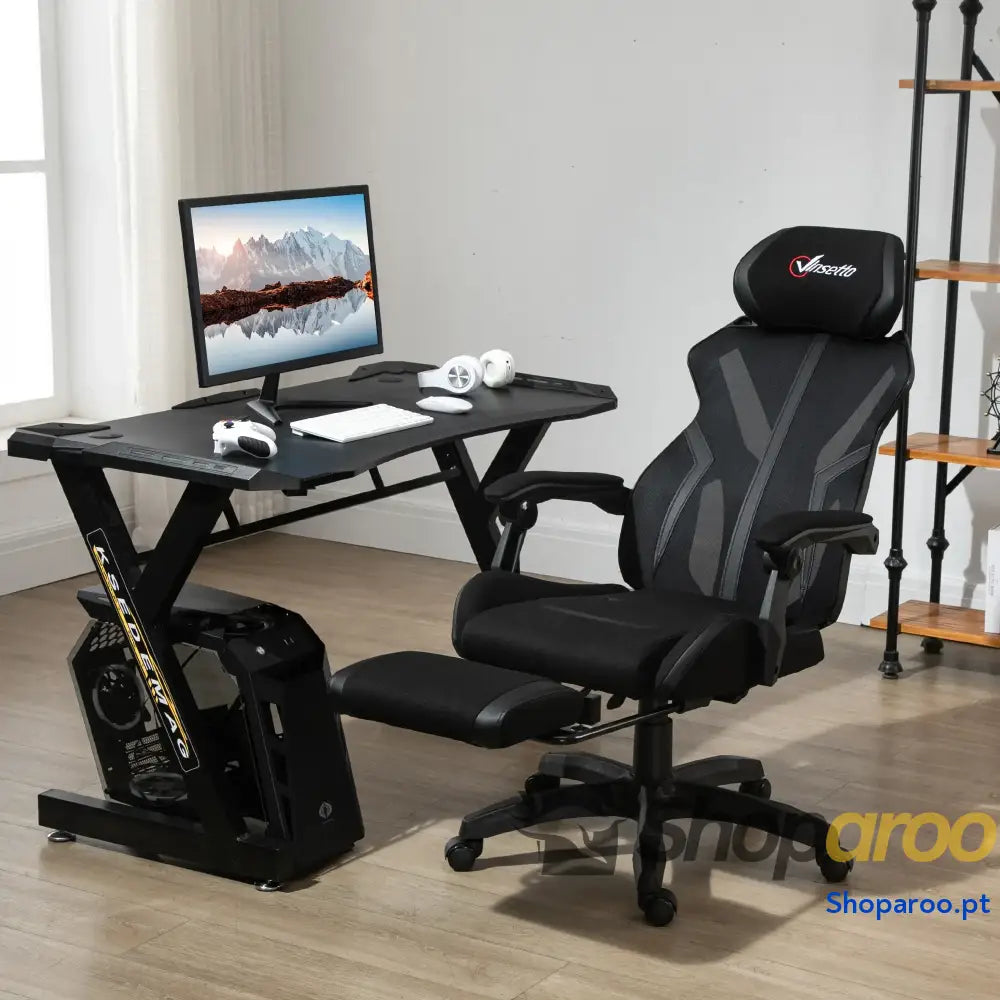 Cadeira de Gaming com Apoio para os Pés Retrátil Escritório Reclinável a Cabeça e Altura Ajustável 65x65x119-129cm Preto