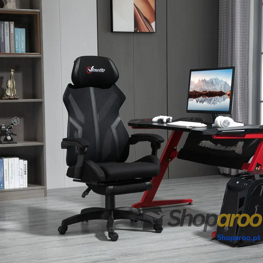 Cadeira de Gaming com Apoio para os Pés Retrátil Escritório Reclinável a Cabeça e Altura Ajustável 65x65x119-129cm Preto