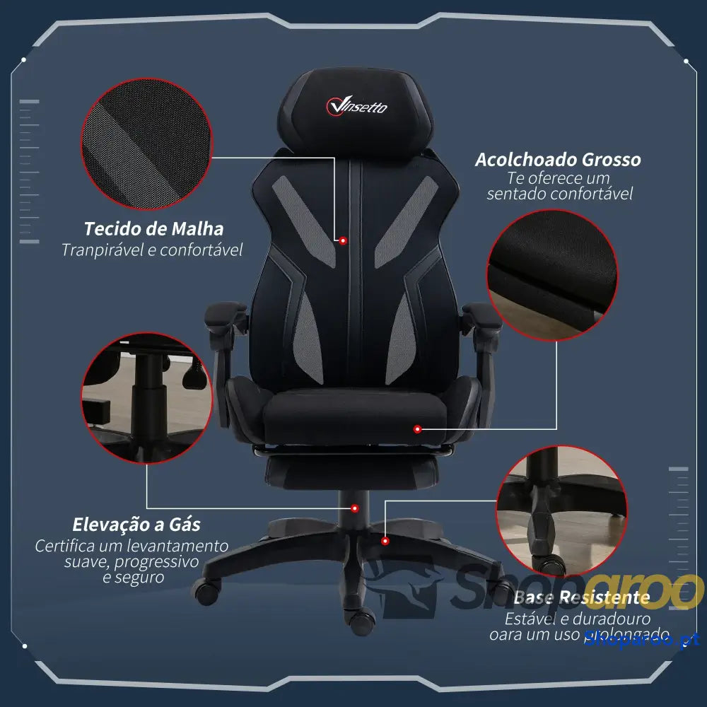 Cadeira de Gaming com Apoio para os Pés Retrátil Escritório Reclinável a Cabeça e Altura Ajustável 65x65x119-129cm Preto