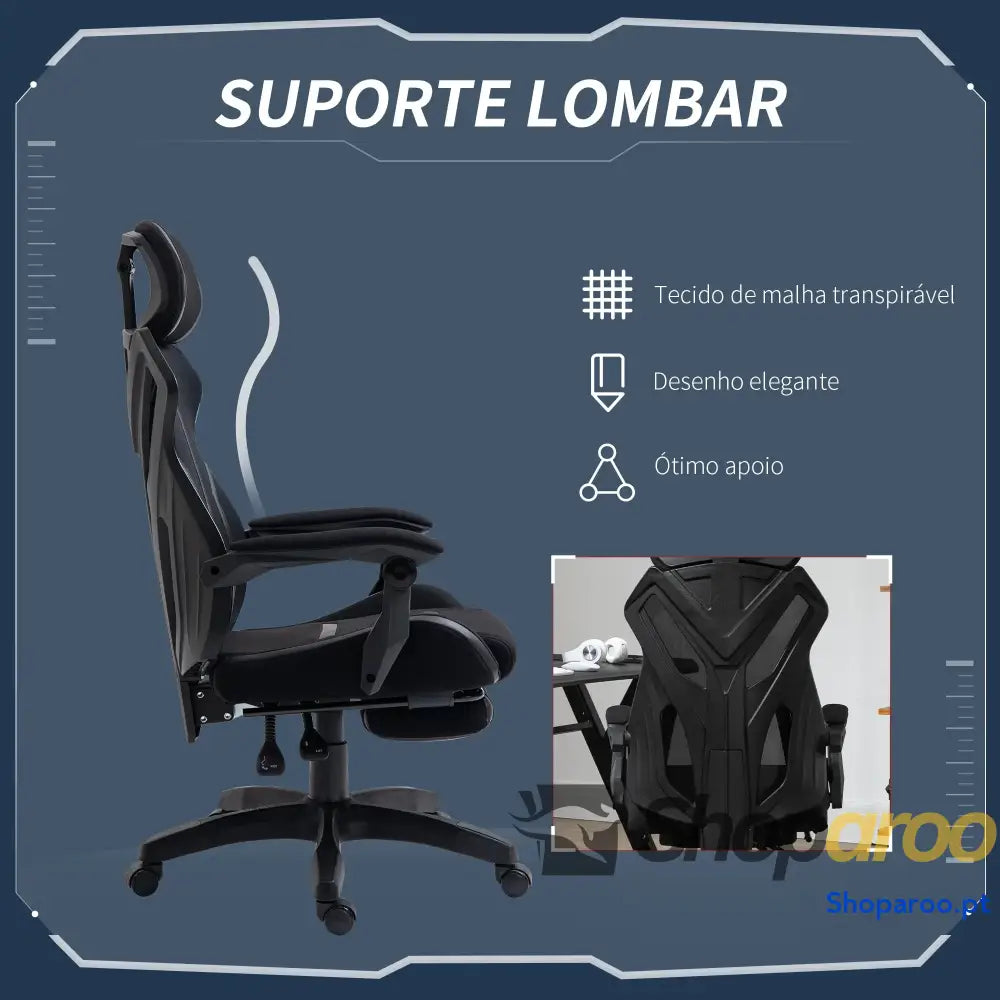 Cadeira de Gaming com Apoio para os Pés Retrátil Escritório Reclinável a Cabeça e Altura Ajustável 65x65x119-129cm Preto