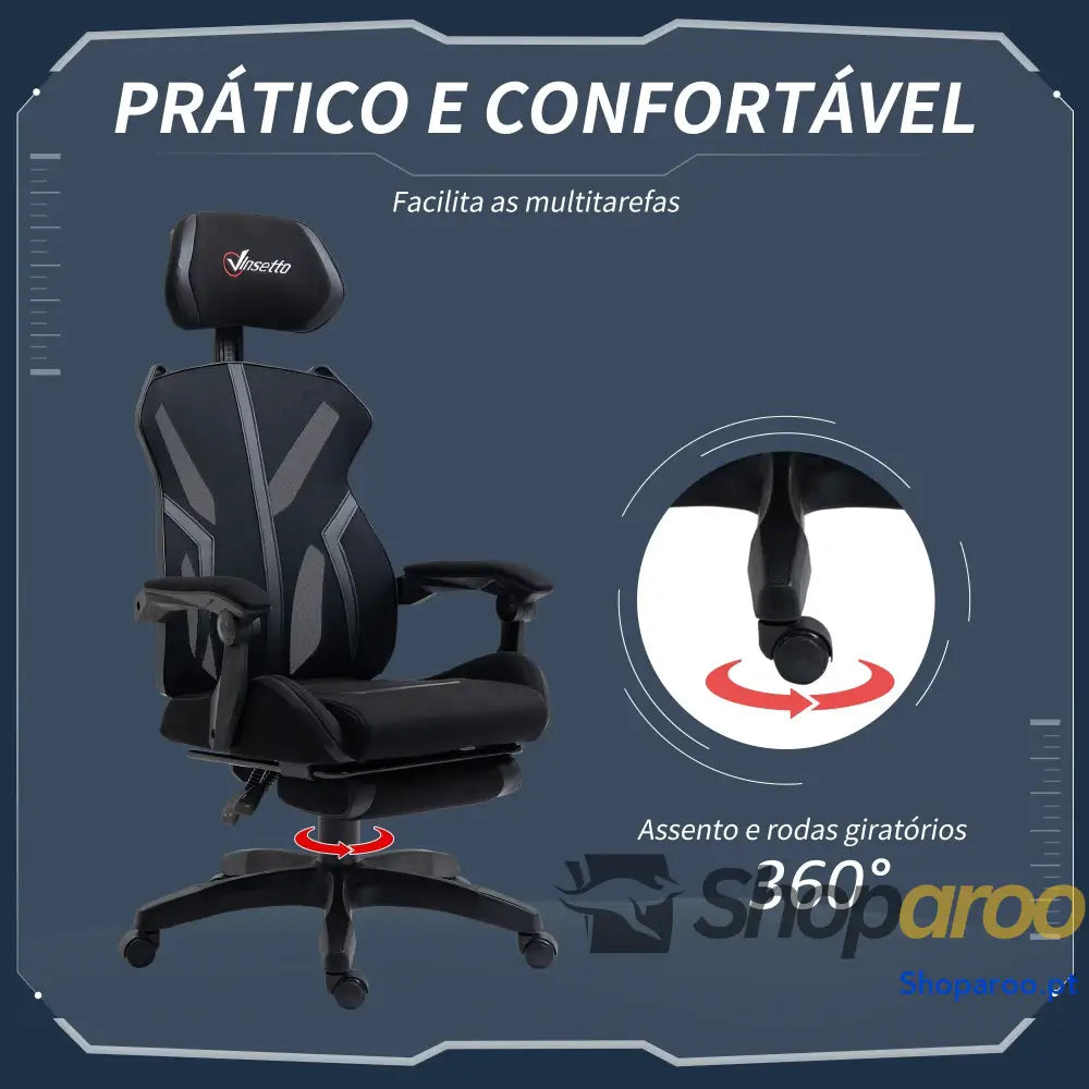 Cadeira de Gaming com Apoio para os Pés Retrátil Escritório Reclinável a Cabeça e Altura Ajustável 65x65x119-129cm Preto