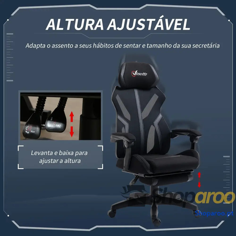 Cadeira de Gaming com Apoio para os Pés Retrátil Escritório Reclinável a Cabeça e Altura Ajustável 65x65x119-129cm Preto