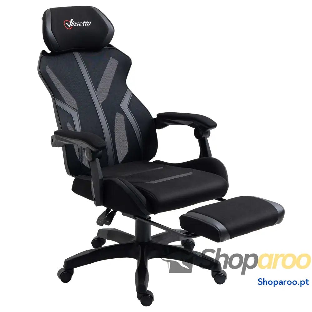 Cadeira de Gaming com Apoio para os Pés Retrátil Escritório Reclinável a Cabeça e Altura Ajustável 65x65x119-129cm Preto