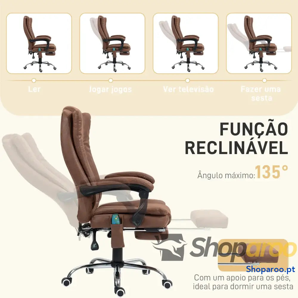 Cadeira de Massagem com 6 Pontos Função Aquecimento Apoio para Pés e comando à distância castanha