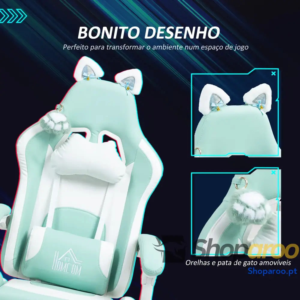 Cadeira Gaming com Orelhas Gamer Reclinável Altura Ajustável e Suporte Lombar 65x62x116 124 cm Azul Claro