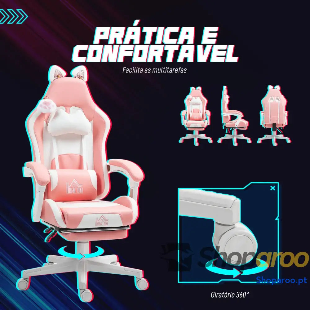 Cadeira Gaming com Orelhas Gamer Reclinável Altura Ajustável e Suporte Lombar 65x62x116-124 cm Rosa Branco