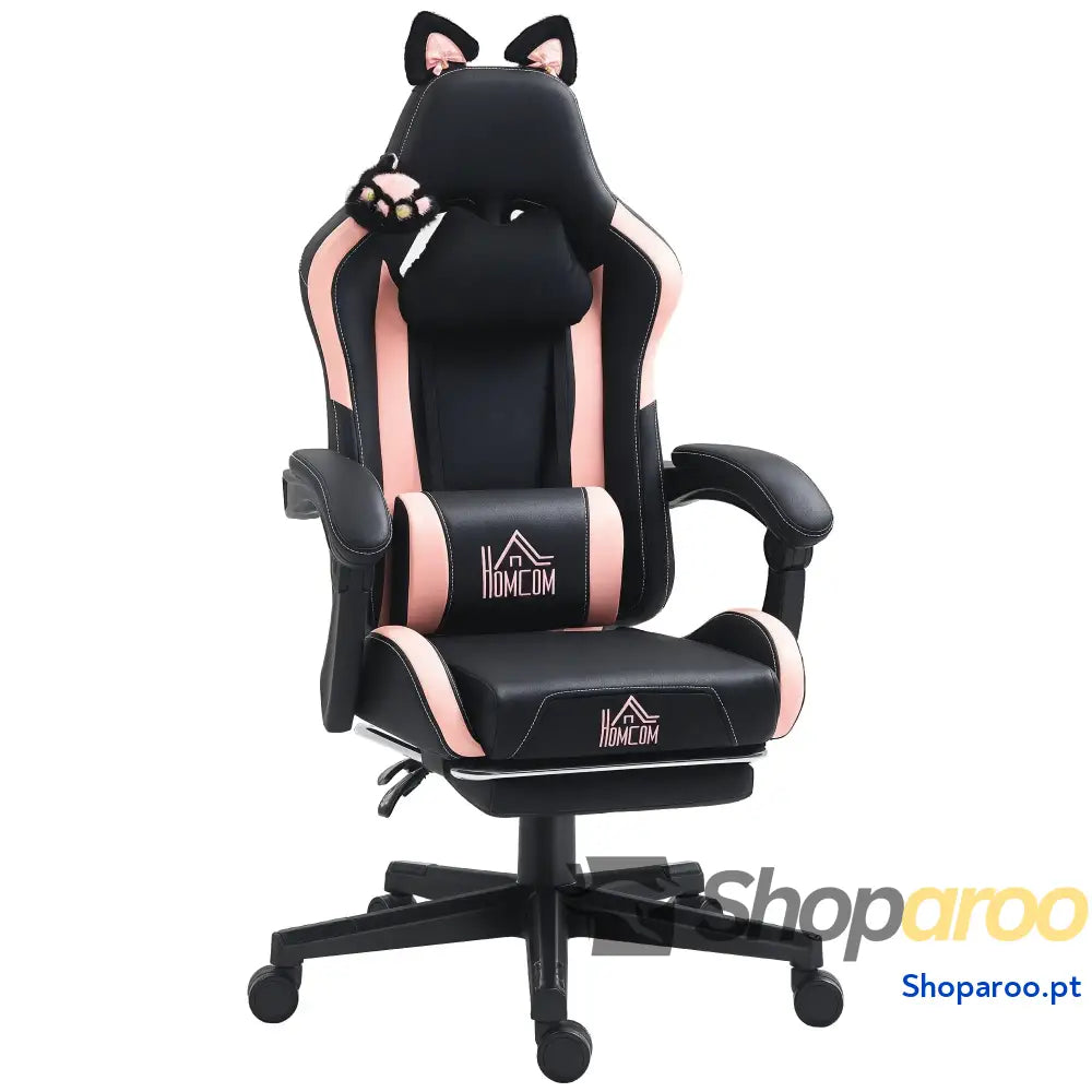 Cadeira Gaming com Orelhas Gamer Reclinável Altura Ajustável e Suporte Lombar 65x62x116 124 cm Preto Rosa