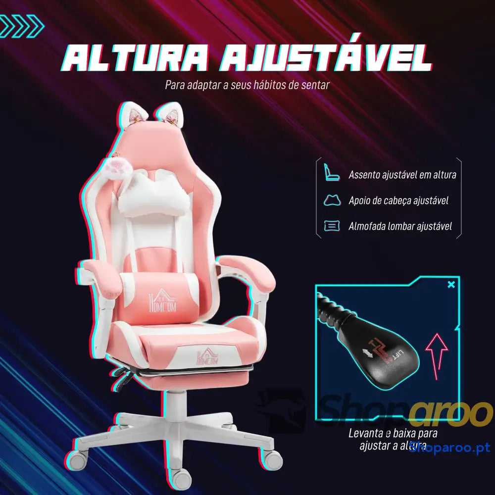Cadeira Gaming com Orelhas Gamer Reclinável Altura Ajustável e Suporte Lombar 65x62x116-124 cm Rosa Branco