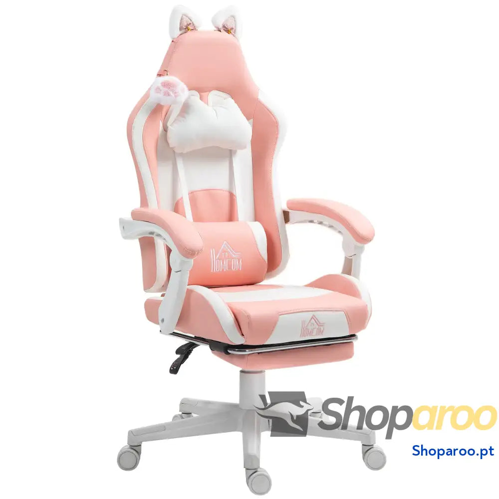 Cadeira Gaming com Orelhas Gamer Reclinável Altura Ajustável e Suporte Lombar 65x62x116-124 cm Rosa Branco