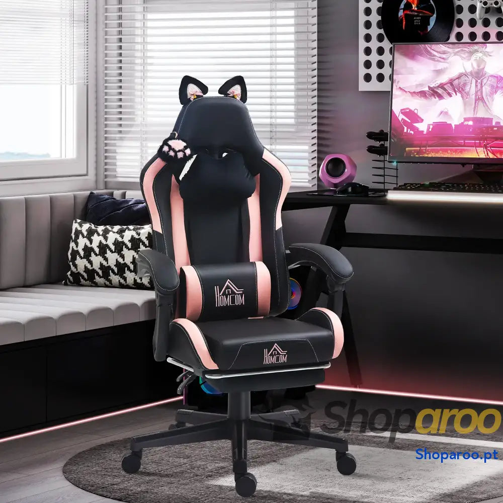 Cadeira Gaming com Orelhas Cadeira Gamer Reclinável com Altura Ajustável e Suporte Lombar 65x62x116-124 cm Preto e Rosa