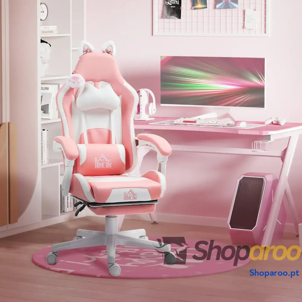 Cadeira Gaming com Orelhas Gamer Reclinável Altura Ajustável e Suporte Lombar 65x62x116-124 cm Rosa Branco