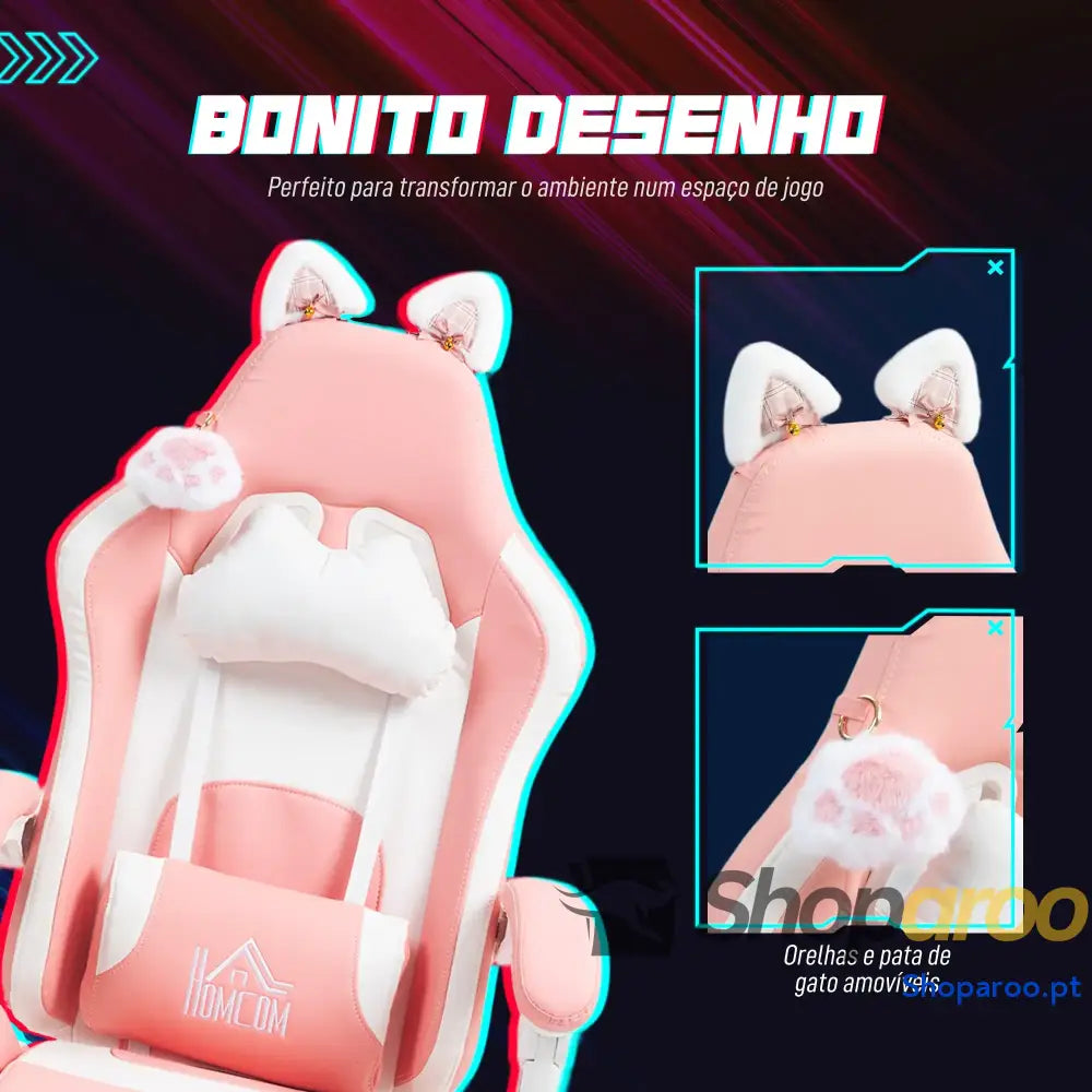 Cadeira Gaming com Orelhas Gamer Reclinável Altura Ajustável e Suporte Lombar 65x62x116-124 cm Rosa Branco