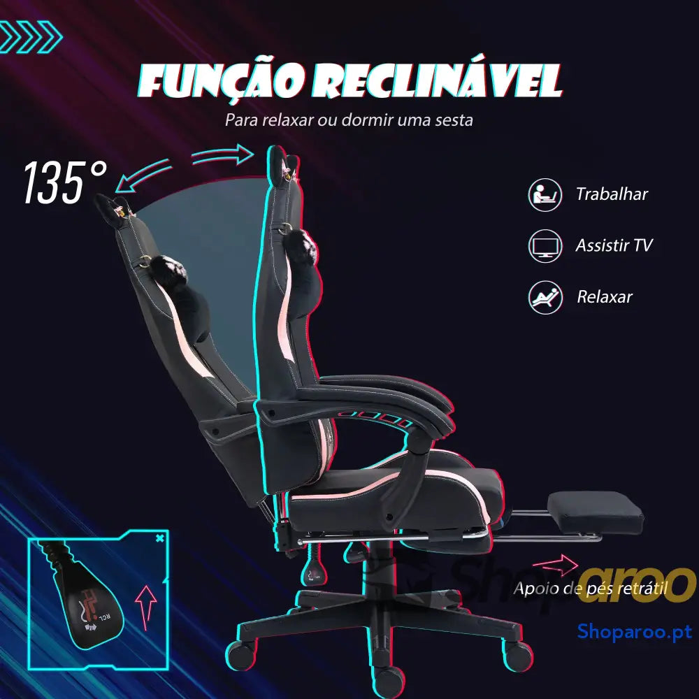Cadeira Gaming com Orelhas Gamer Reclinável Altura Ajustável e Suporte Lombar 65x62x116 124 cm Preto Rosa