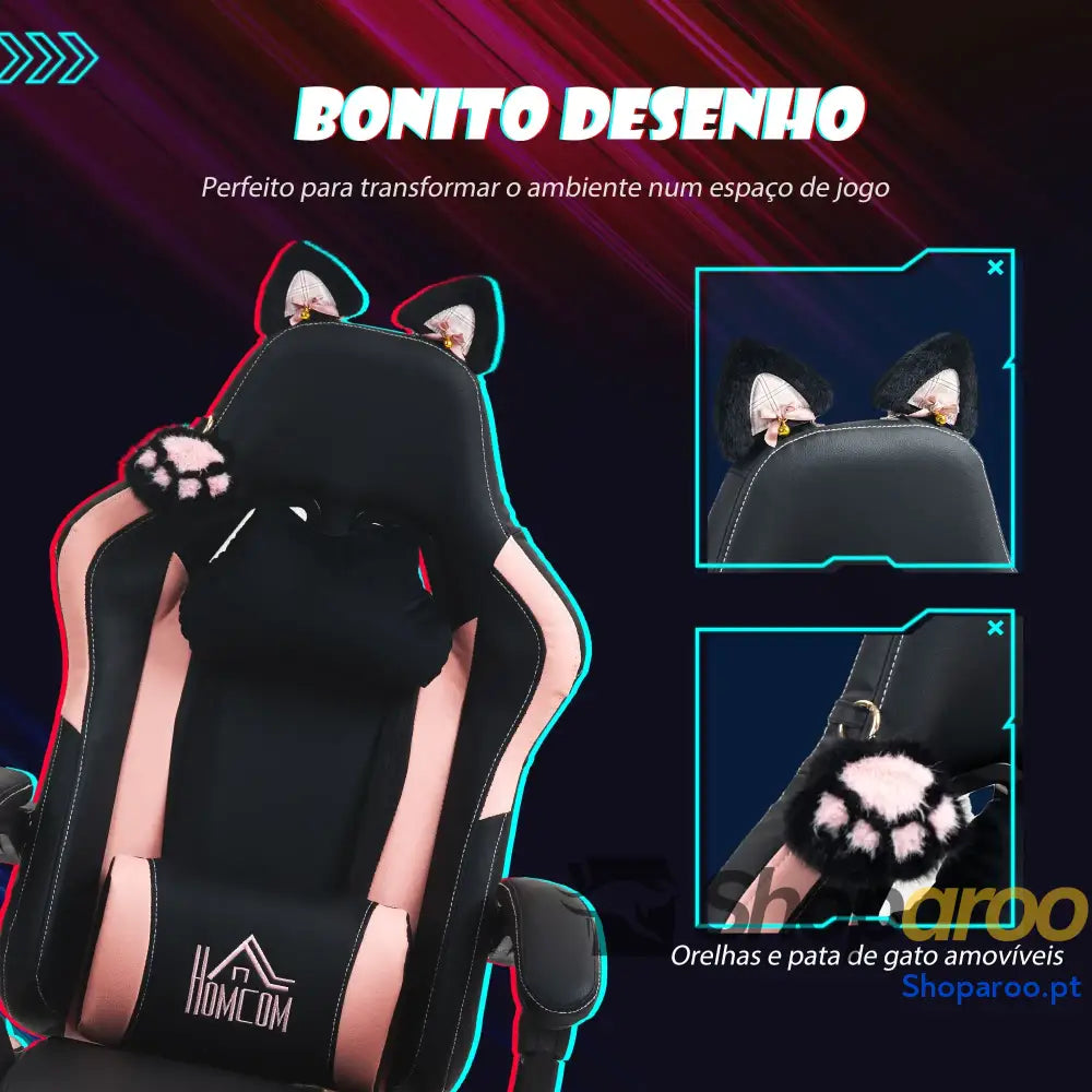 Cadeira Gaming com Orelhas Gamer Reclinável Altura Ajustável e Suporte Lombar 65x62x116 124 cm Preto Rosa