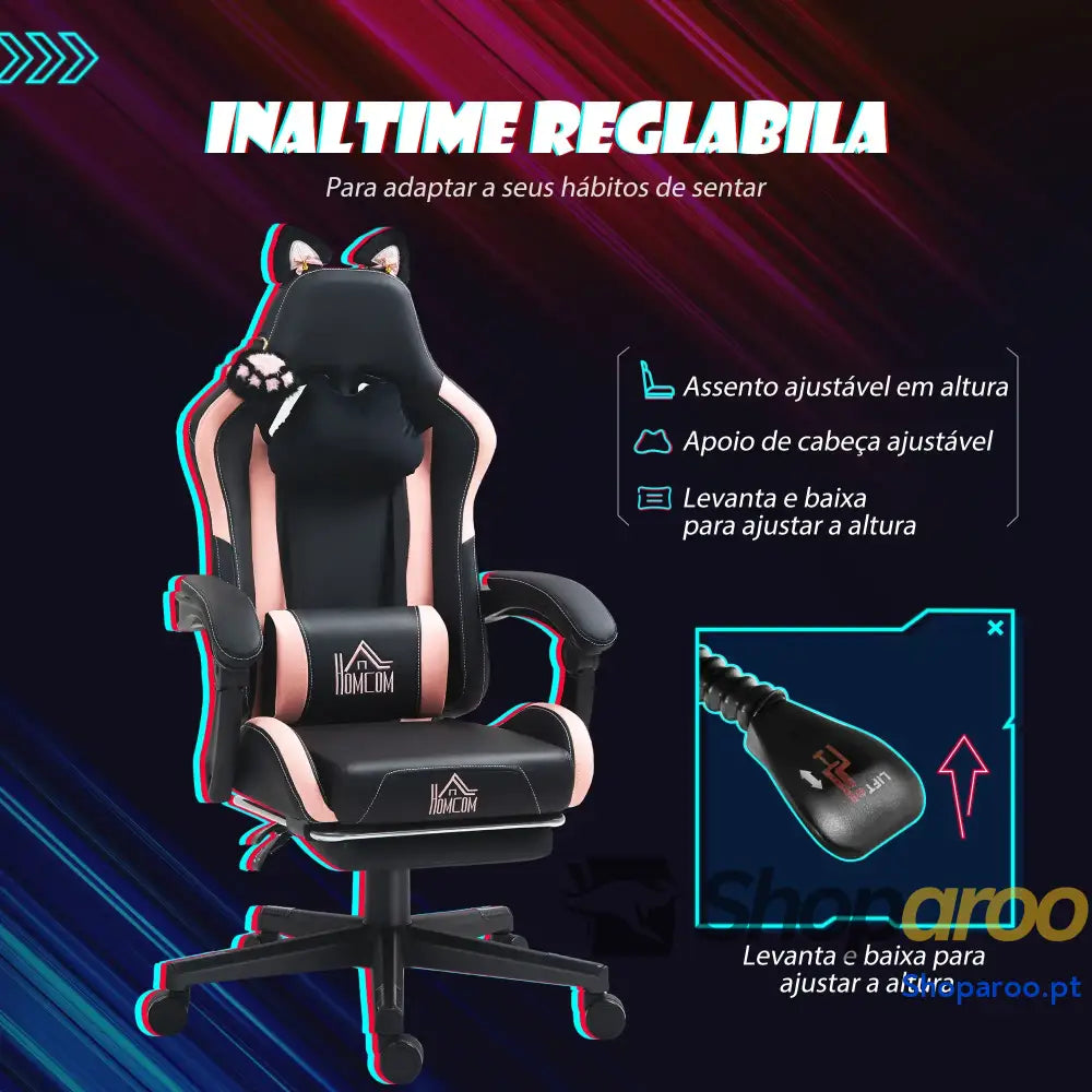 Cadeira Gaming com Orelhas Gamer Reclinável Altura Ajustável e Suporte Lombar 65x62x116 124 cm Preto Rosa