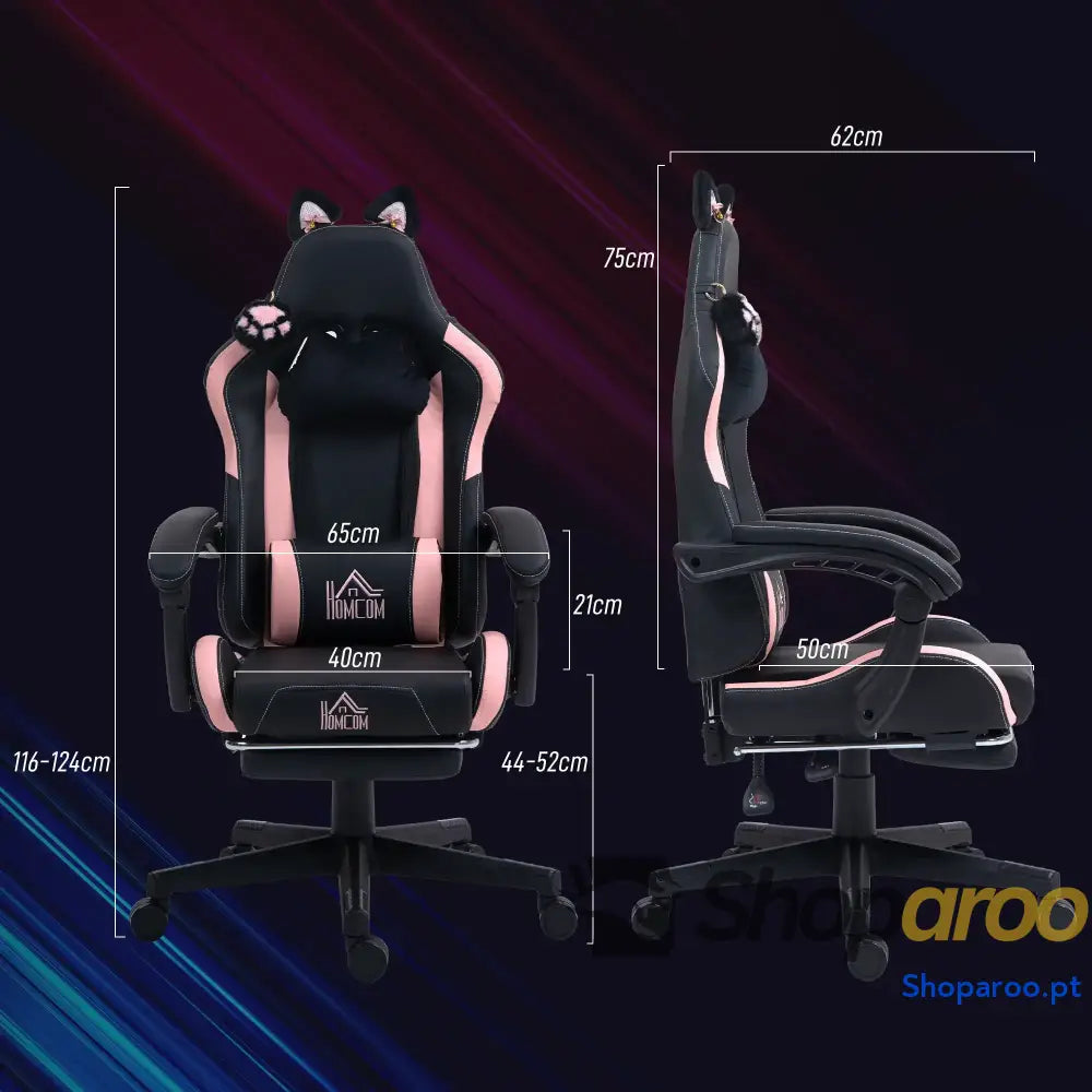 Cadeira Gaming com Orelhas Gamer Reclinável Altura Ajustável e Suporte Lombar 65x62x116 124 cm Preto Rosa