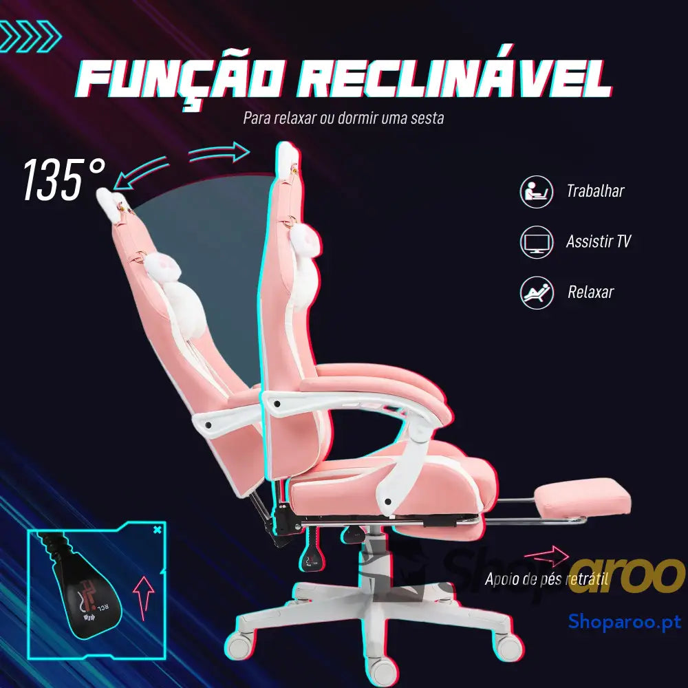 Cadeira Gaming com Orelhas Gamer Reclinável Altura Ajustável e Suporte Lombar 65x62x116-124 cm Rosa Branco